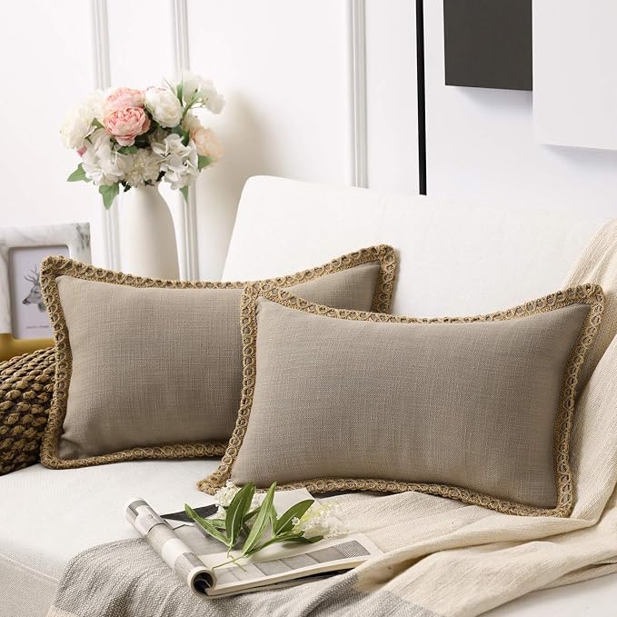 Phantoscope Pack of 2 Farmhouse Decorative Throw Decorative Pillow Cover Burlap Linen Trimmed Tailored Edges Beige, Plain, 12 x 20 inches, 30 x 50 cm