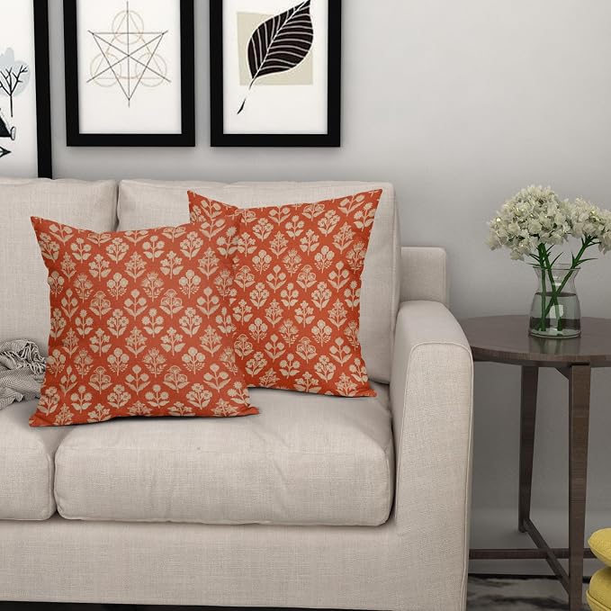 Dark Orange Floral Block Print Pillow Covers 16x16 Inch Set of 2, Vintage Flower Pattern Decorative Throw Pillowcases Outdoor Farmhouse Cushion Covers Fall Rustic Sofa Couch Bed Decor