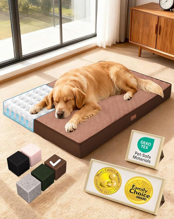 OhGeni Orthopedic Waterproof Large Dog Bed, Memory Foam, 41 inch(Brown) | Machine-Washable Removable Cover in Easy-Clean Fabric, Reversible Memory Foam & Easy-Carry Handle, Suitable for Crate