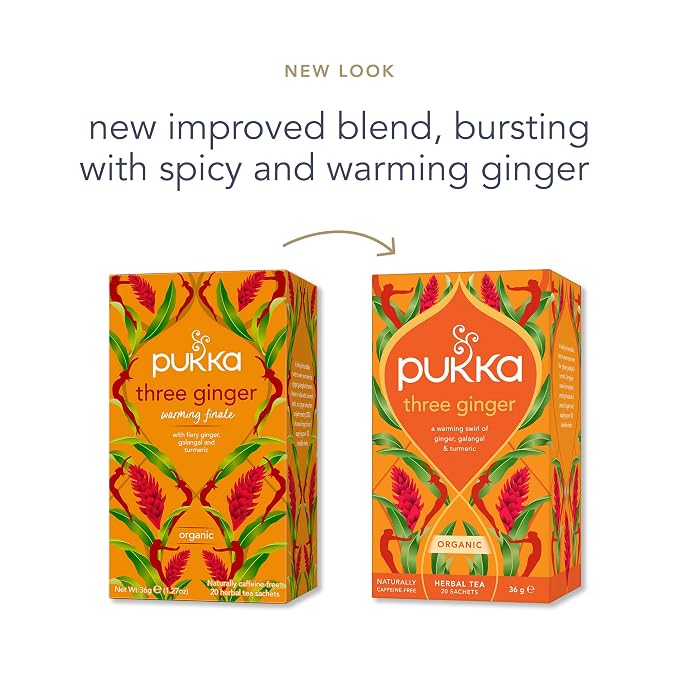 Pukka Three Ginger Organic Herbal Tea Bags 80 Count 4-Pack Caffeine Free Digestive Wellness Infusion with Turmeric Galangal Licorice for Digestion and Bloating Relief