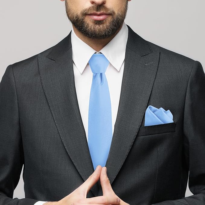 Black Tie Set in Gift Box Mens Solid Color 3.15" (8CM) Black Necktie and Pocket Square Set
