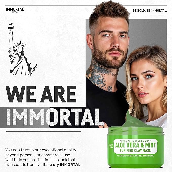 Immortal NYC - Aloe Vera & Mint Purifier Clay Mask – Face Mask for Matte Look Skin, Oil Control, Deep Cleansing & Refreshing Skincare. Great Gifts For Women & Men – 10 oz