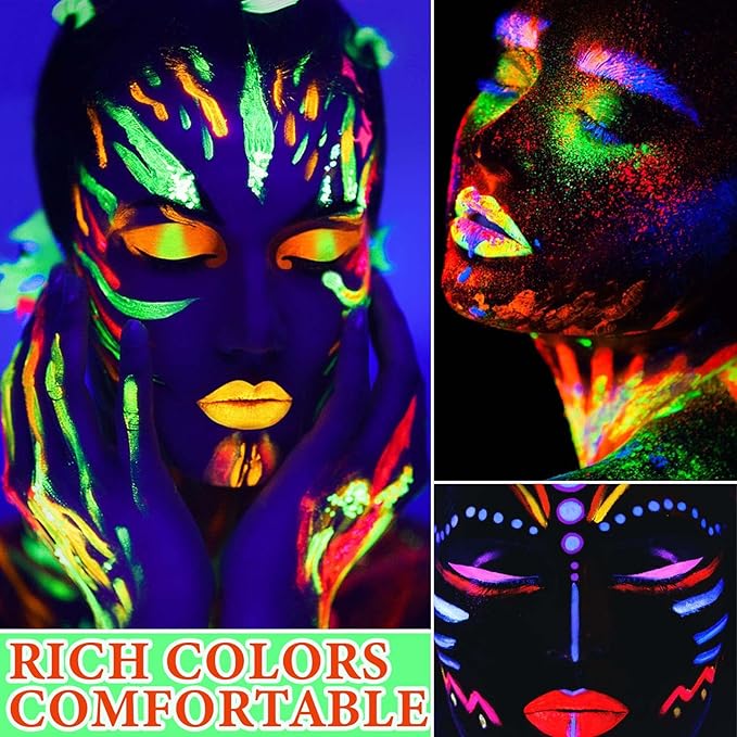 12 Pcs Glow in the Dark Face Body Paint,Blacklight Neon Face & Body Paints,Easily Cleanable Paint Set Neon Makeup Glow in the Dark Party Supplies