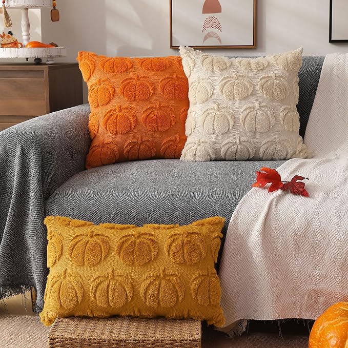 DFXSZ Fall Pillow Covers 12x20 2Pcs Yellow Pumpkin Fall Decoration for Home | Fall decor Set of 2 Throw Pillow Cases Soft Plush Faux Fur Wool Couch Cushion for Chair Sofa Bedroom Living Room Home Decor