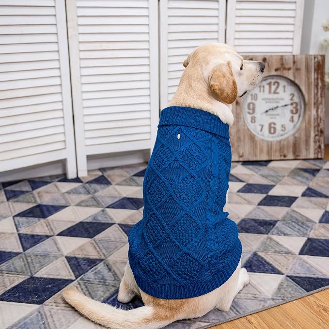 Mihachi Turtleneck Dog Sweater - Winter Coat Apparel Classic Cable Knit Clothes with Leash Hole for Cold Weather, Ideal Gift for Pet in New Year Royal Blue M-Largel