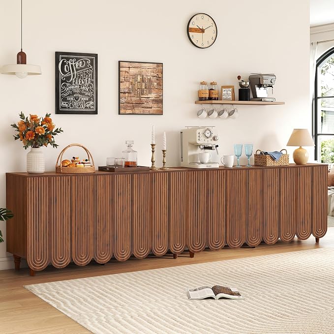 weselon 63" Buffet Cabinet with Scalloped Arched Doors, 4-Door Sideboard with Adjustable Shelves, Push-to-Open & Soft-Close Hinges, Solid Wood Legs Storage Cabinet for Coffee Bar TV Console (Walnut)