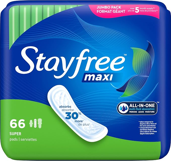Stayfree Maxi Pads for Women, Super - 66 Count & Carefree Panty Liners, Regular Liners, Wrapped, Unscented, 54ct (Packaging May Vary)