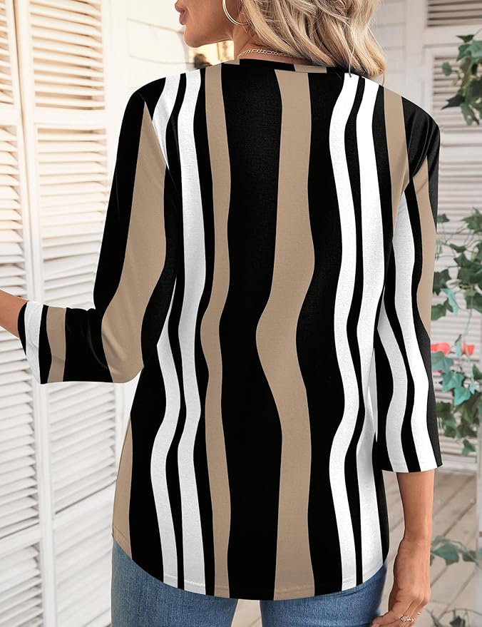 LOMON 3/4 Length Sleeve Womens Tops Spring Summer Fashion 2026 Tops Crew Neck Pleated Shirts Tunic Top Loose Fit