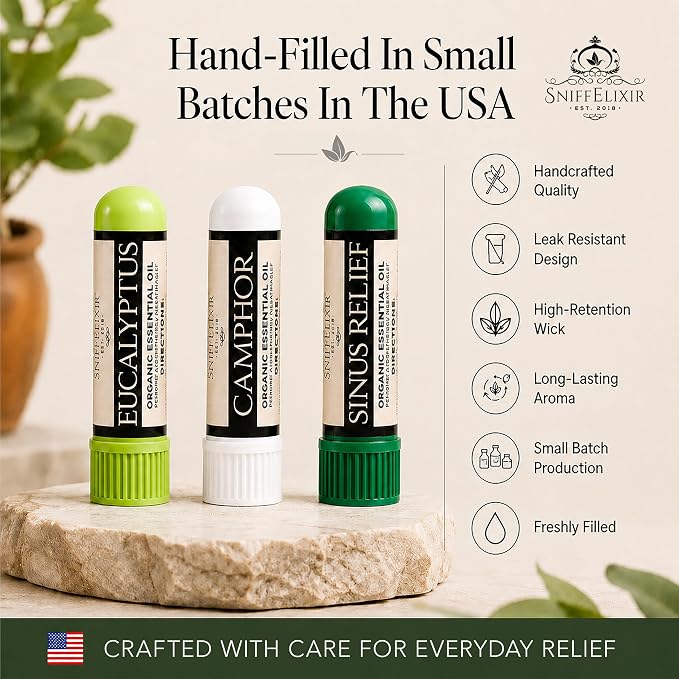Sinus & Allergy Relief Essential Oil Aromatherapy Nasal Stick Vapor Inhaler - Breathe Free 3-Pack, Stuffy Nose, Mucus & Chest Congestion, Made with Organic Essential Oils