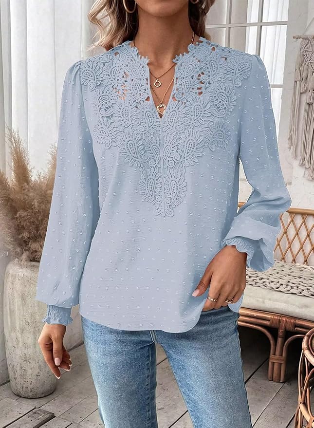 Womens Tops Swiss Dot Boho Long Sleeve Shirts V Neck Casual Chiffon Blouses Flowy Lace Hem Cute Clothing Trendy 2026