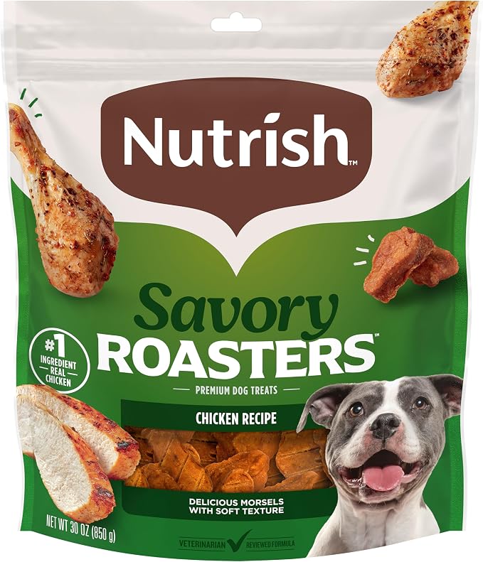 Nutrish Savory Roasters Dog Treats with Chicken, 30 oz. Pouch (Rachael Ray) | Grain Free Recipe with No Added Corn or Soy Ingredients, Veterinarian Reviewed Formula, Resealable Bag