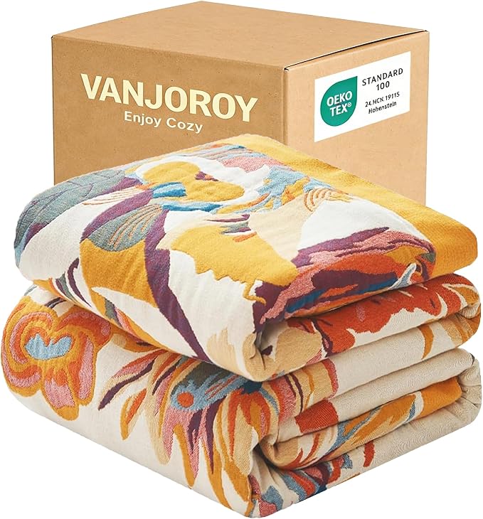 VANJOROY King Extra Large Boho Throw Blanket Oversized 91" x 108", 100% Organic Cotton Soft Bed Throw - Floral Bird Butterfly Pattern Farmhouse Blanket for Couch Sofa Chair and Gift.
