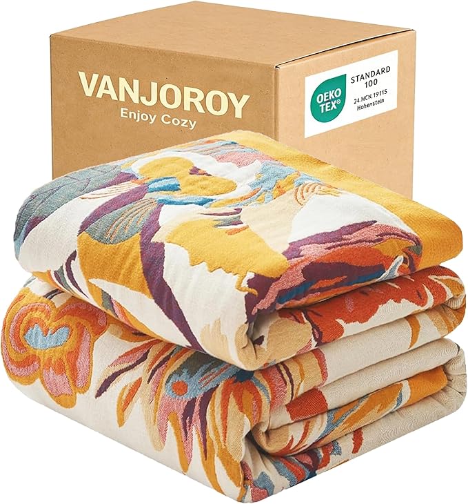VANJOROY Boho Throw Blanket, 100% Organic Cotton 50x60 for Couch Bed, Beige | Cozy Ultra soft, Breathable, Skin-friendly Lightweight, Rustic Boho Decor,Embroidery Design,All Season Beige Quilt Throw