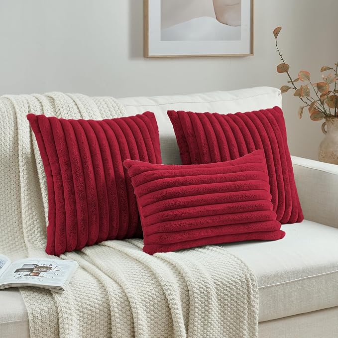 FUTEI Pack of 2 Faux Fur Throw Pillow Covers 12x20 Inch, Retro Red | Fluffy Faux Rabbit Fur Front/Premium Velvet Back,Hidden Zipper,Machine Washable,Non-Shedding,Colorfast,Insert Not Included.