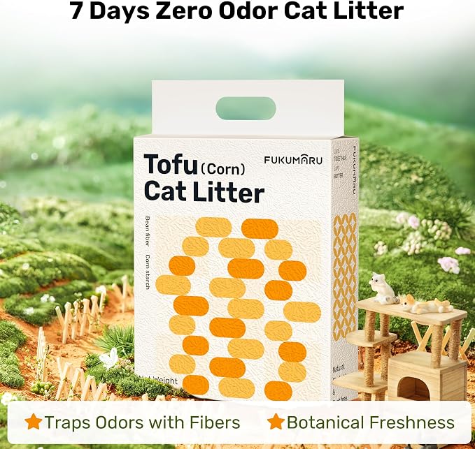 FUKUMARU Tofu Cat Litter, Soybean Fiber & Corn Starch Pellets, 32lb | White Pellets for Easy Spotting, Plant-Based Ingredients, Odor Control, Low Dust, Fast Clumping