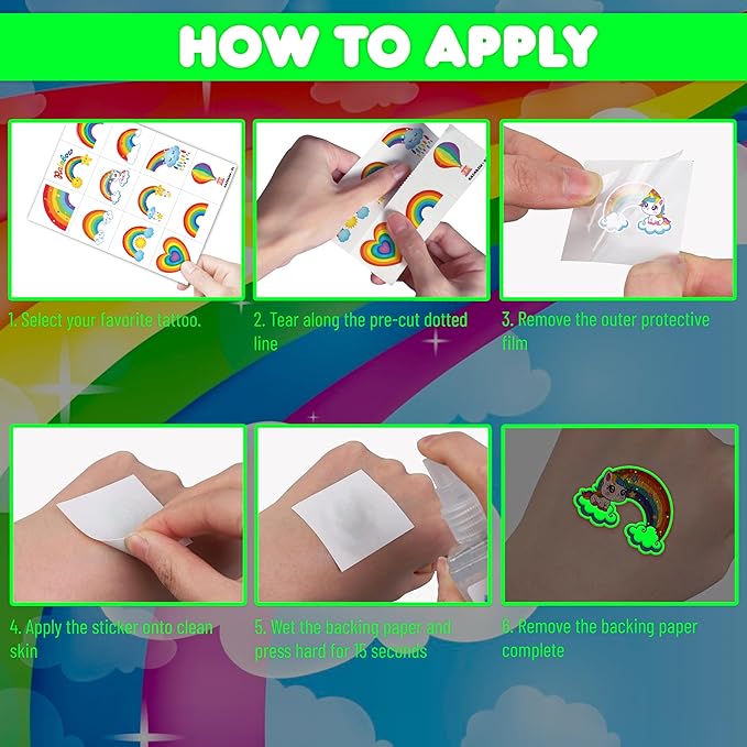 96 PCS Rainbow Pastel Rainbow Pre-Cut Luminous Glow in the dark Temporary Tattoos for Kids | Super Cute Themed Birthday Party Favors Supplies Decorations, Fake Tattoo Stickers Gifts for Boys Girls
