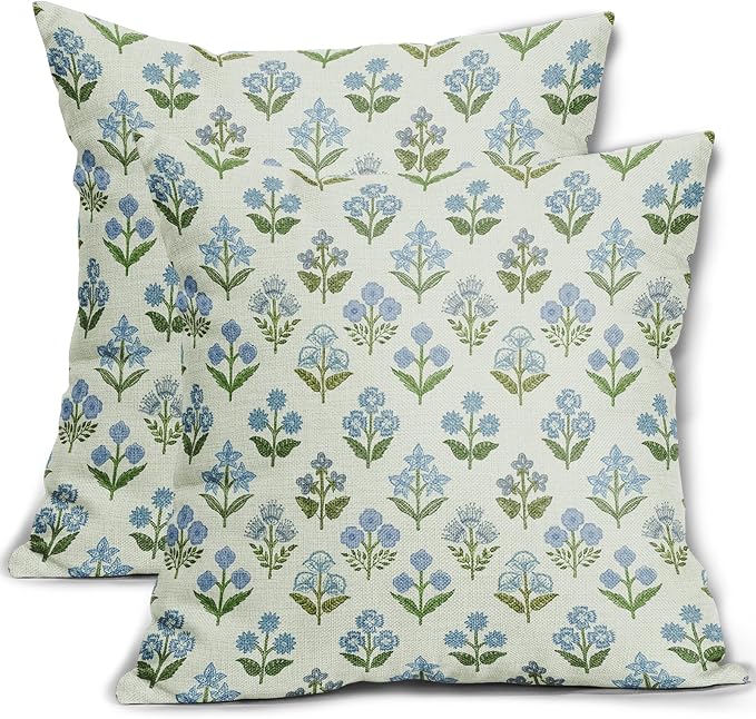 Blue Green Block Print Pillow Covers 24x24 Inch Set of 2, Vintage Floral Spring Decorative Throw Pillow Cases Boho Cushion Covers Rustic Decoration Gift Farmhouse Sofa Couch Bed Decor