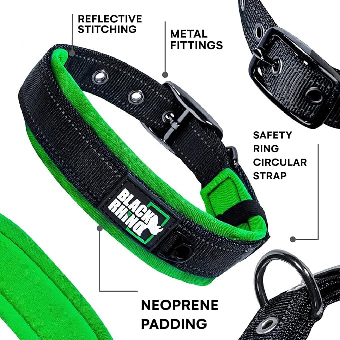 Black Rhino Dog Collar for Medium Dogs - Adjustable Reflective Heavy Duty Dog Collar with Ultra-Soft Neoprene Padding - Weatherproof, Durable, and Comfortable - Ideal for Active Dogs - Green and Black