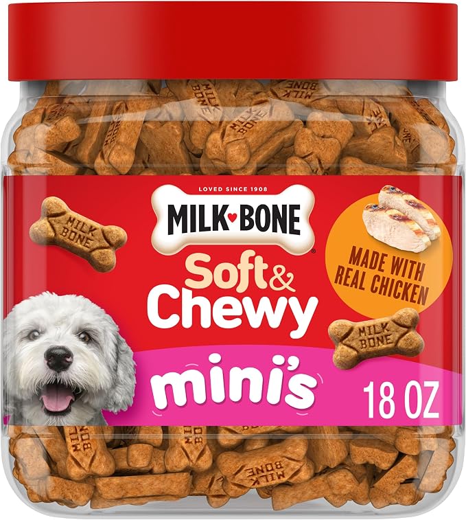 Milk-Bone Soft & Chewy Mini's Dog Training Treats, 18 oz Canister | Made with real chicken breast, small dog treats for training and rewarding, 18% protein, fortified with vitamins and minerals