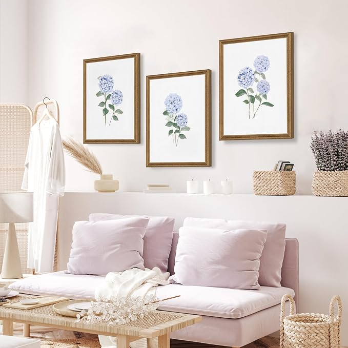 WRFON Blue Hydrangea Framed Wall Art Set of 3, Watercolor Floral Botanical Canvas Prints, Minimalist Flower Wall Decor for Dining Room Living Room Bedroom, Wood Frame 16x24 Inch