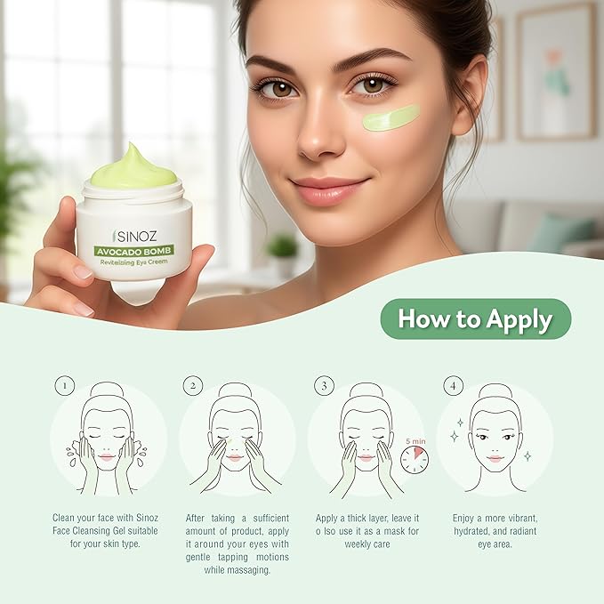sinoz Eye Cream Avocado,Lipsomal caffeine, Bright and tight, Masks for Dark Circles & Puffy Eyes, Under eye cream. 0.5 fl oz & 15 ml
