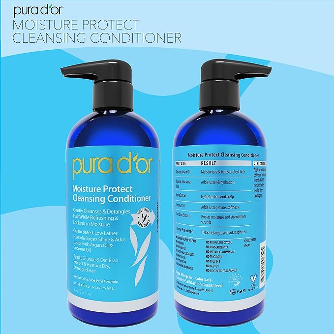 PURA D’OR Moisture Protect Cleansing Conditioner (16oz) Detangles & Restores Hair with Argan Oil, Lavender, No Sulfate, All Hair Types, Men & Women (Packaging may vary), (Pack of 2)