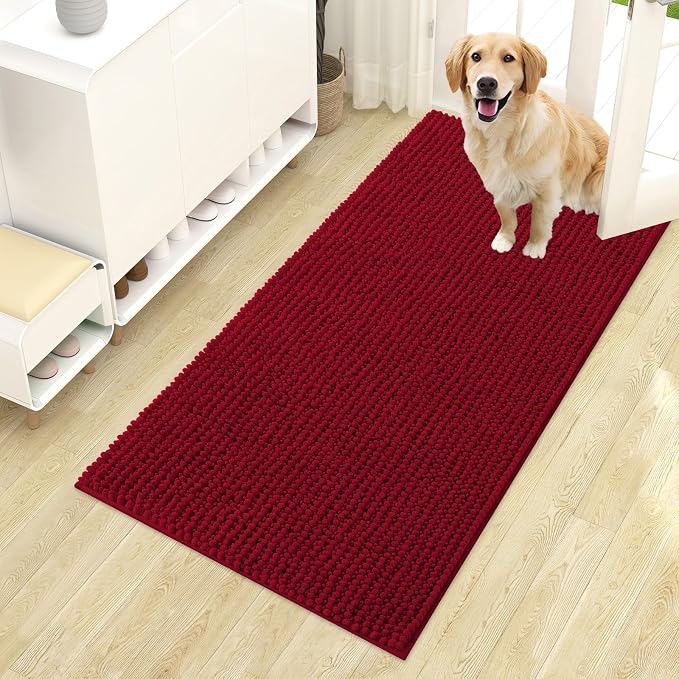 OLANLY Dog Door Mat for Muddy Paws 44x24, Extra Absorbent Chenille Mud Mat | Red, Absorbs Moisture and Dirt, Non-Slip Machine Washable Doormat, Quick-Drying Indoor Entryway Floor Mat for Dogs