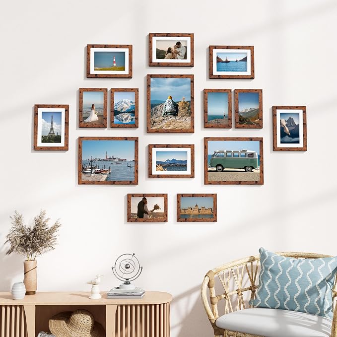 Vittanly 15 Pack Picture Frames Collage Wall Decor, Wall/Tabletop Display | Rustic Brown, Multi-Size Gallery Wall Frame Set: 3pcs 8x10, 6pcs 5x7, 6pcs 4x6. Picture Frame Set for Family