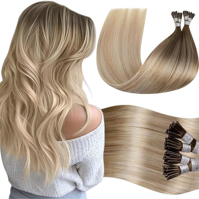 LaaVoo I Tip Hair Extensions Balayage Brown to Ash Blonde with Platinum Blonde Itip Hair Extensions Human Hair Seamless I Tip Human Hair Extensions Soft Hair 22inch 100s 100g