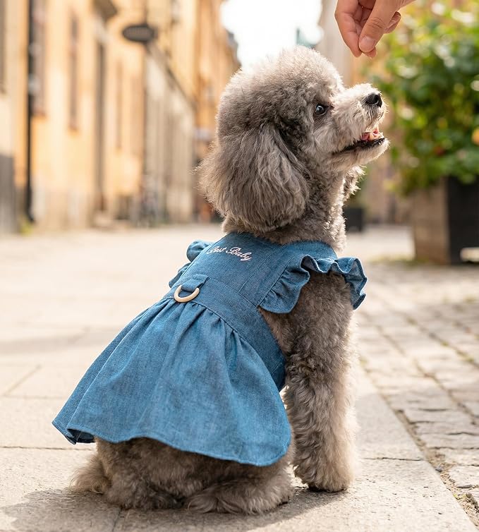 Denim Cat Dog Dress Clothes for Small Dogs with Leash Ring Summer Girl Small Dog Clothes Outfit Belly Velcro Fastening Cat Outfits&Apparel for Girl