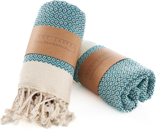 BAY LAUREL Turkish Hand Towel – Pack of 2 | Soft & Absorbent Decorative Towels for Bathroom, Hand, Face, Hair, Gym, Yoga, SPA, Kitchen & Tea | Boho Decor (Petrol, Diamond 15x26 Inches (Set of 2)