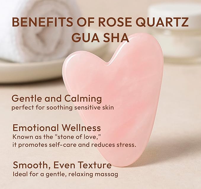 DoSensePro Rose Quartz Gua Sha Facial Tool Heart-Shaped Crystal for Puffiness, Lymphatic Drainage & Facial Sculpting – Hand-Carved Brazilian Stone for Face, Neck & Body