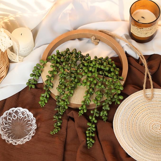 2pcs Artificial Succulents Hanging Plants 20.1'' Fake String of Pearls in Pot with 9.4'' Lanyard for Indoor Outdoor Wall Decor（Wood Color）