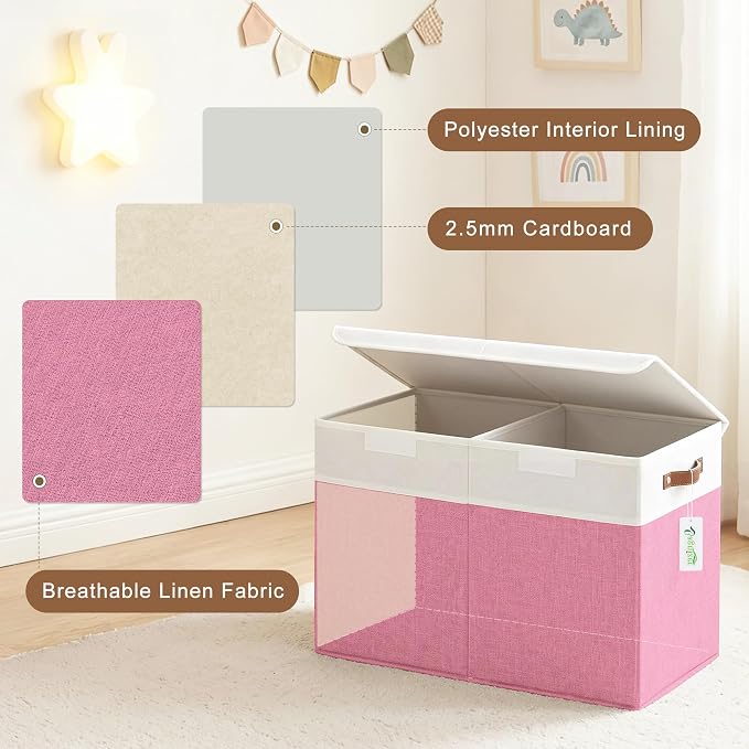 Large Toy Storage Box with Lids, Collapsible Sturdy Baby Storage Organizer Chest Bin Basket for Kids, Boys, Girls, Playroom, Nursery, Bedroom, Closet 25"x13"x16" (Pink and White)
