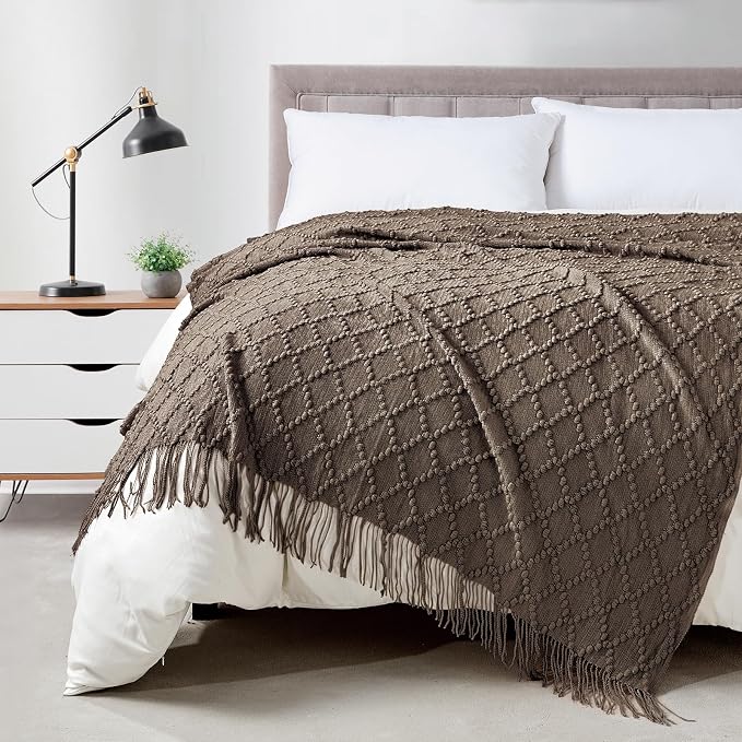 BOURINA Brown Throw Blanket 50 x70 Inch Jacquard Throw Knitted Blanket | Jacquard Argyle Throw Textured Solid Soft Throws and Blankets for Sofa or Bed Knitted Decorative Blanket