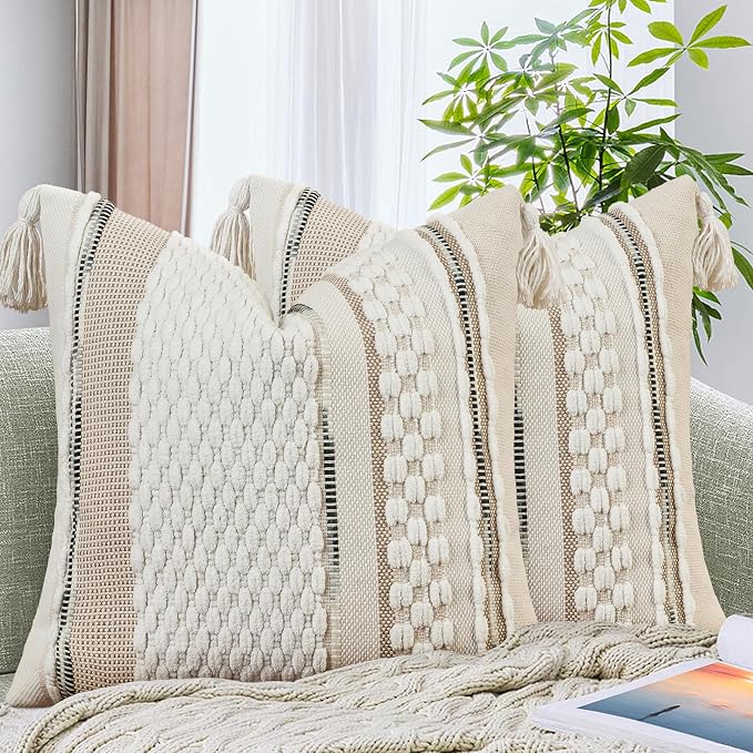 Set of 2 Chenille Striped Textured Boho Throw Pillow Covers Aesthetic with Tassels Woven Decorative Pillow Case for Couch Bed Sofa Bedroom Modern Funky 18 x 18-Inch White