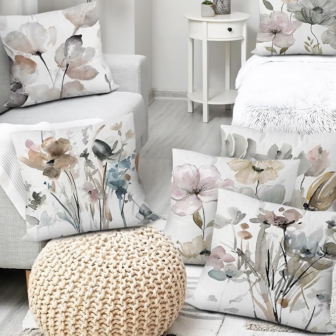 Watercolor Floral Throw Pillow Covers 20x20 Set of 6, Nature Home Decor | daisy Floral, decorative cushion cover, Breathable Linen, large Throw Pillow Size, modern Decor, Couch Sofa Living Room