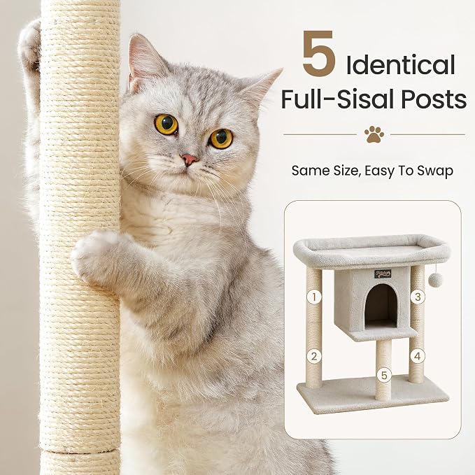 Cat Tree Tower Scratching Post for Indoor Large Adult Cats with Perch Bed | 28in Tall Small Cat Trees House with Big Perch, Condo, Toy Balls, Modern Kitten Climbing Furniture Platform, Light Gray