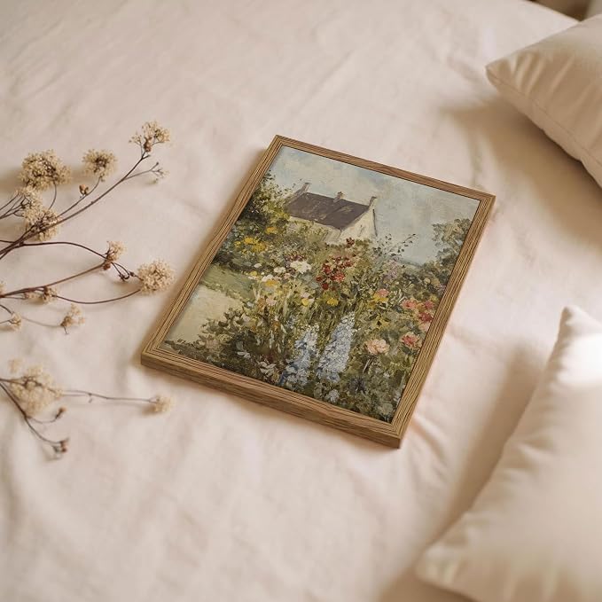 Vintage French Country Cottage Framed Canvas Wall Art – Impressionist Flower Garden Oil Painting Print, Rustic Floral Landscape Decor for Living Room Bedroom Nursery Office 12x16 inch