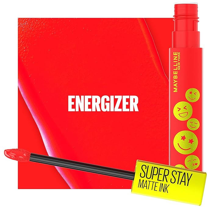 Maybelline Super Stay Matte Ink Liquid Lip Color, Moodmakers Lipstick Collection, Long Lasting, Transfer Proof Lip Makeup, Energizer, Bright Red, 1 Count