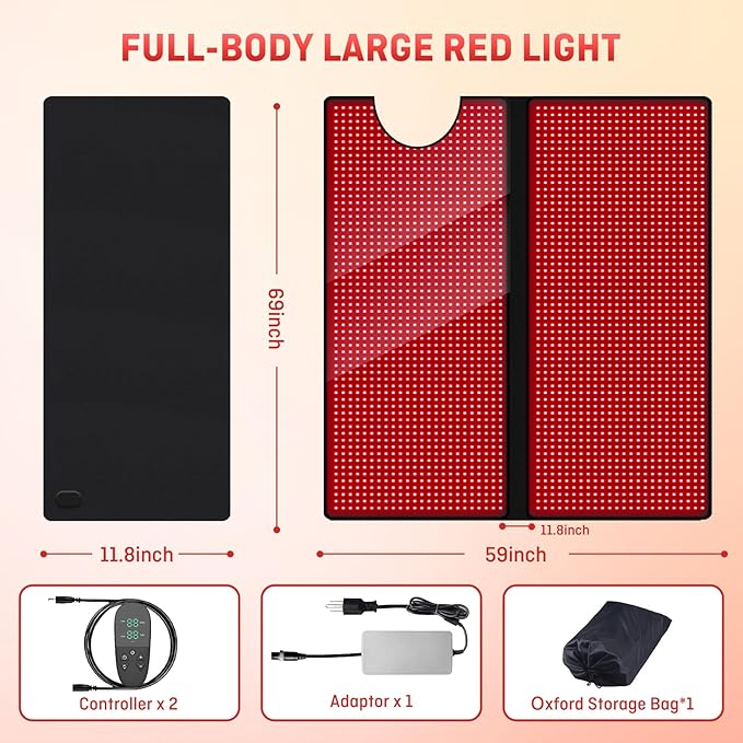 Red Light Therapy Mat - Full Body, Sleep Bag Design, Dual Timer Controllers, 2352 LED Beads, Adjustable Intensity/Pulse, 660nm & 850nm Wavelengths for Pain Relief & Better Sleep, 71" x 31.5"