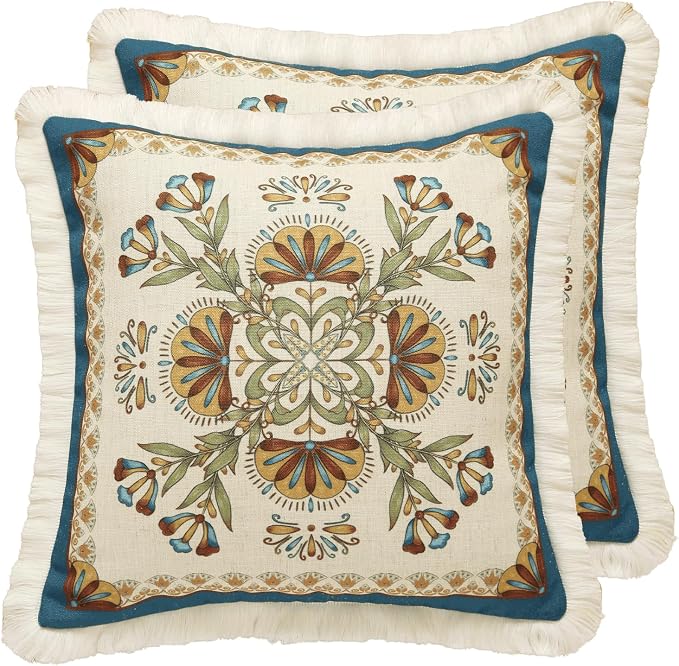 patdrea Designer Vintage Linen Pillow Cover,18"x18",Set of 2-Wensel B | RusticDecorative Pillow Case with Zipper,Floral Pattern,Cushion Coverfor Couch Living Room Bedroom Sofa