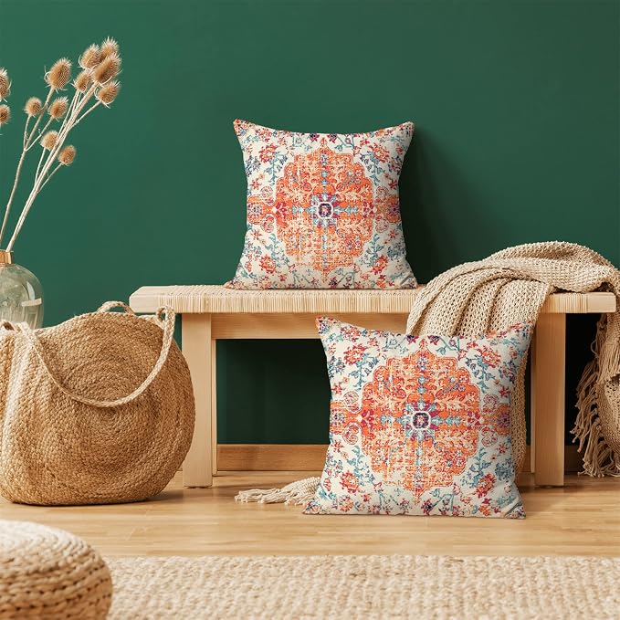 AEIOAE Boho Pillow Covers 18x18 Inch Set of 2,Carpet Pattern Throw Pillows Case,Orange Blue Ethnic Design Outdoor Decorative Square Linen Farmhouse Decor Cushion Covers for Home Sofa Bed Couch