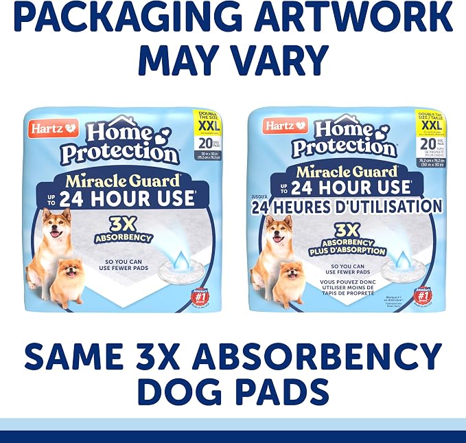 Hartz Miracle Guard Dog and Puppy Dog Pads Max Absorbency 24 Hour Use Odor Eliminating No Leaks, 2XL Size 20 Count