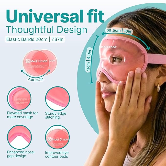 Medi Grade Cooling Gel Eye Mask for Puffy Eyes, Pink Set – Reusable Gel Eye Mask and Cooling Eye Pads with Thermo-Bag for Dark Circles and Morning/Night Skincare Routine – Reversible Cold Eye Mask