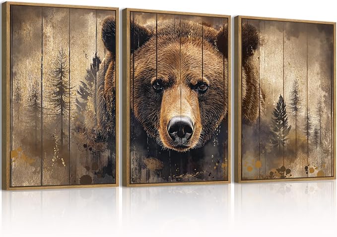 ANHUIB Vintage Brown Bear Canvas Wall Art 16x24 Inch Framed Forest Woodland Paintings Rustic Farmhouse Wildlife Wall Decor Set of 3 for Living Room Bedroom Dining Room