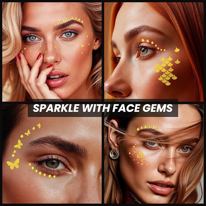 30PCS Glitter Freckles Face Tattoos & Face Gems Set, Multi-Style Gold Glitter Temporary Tattoos Makeup Patches, Fake Freckles Face Glitter for Women’s Rave Outfits & Accessories
