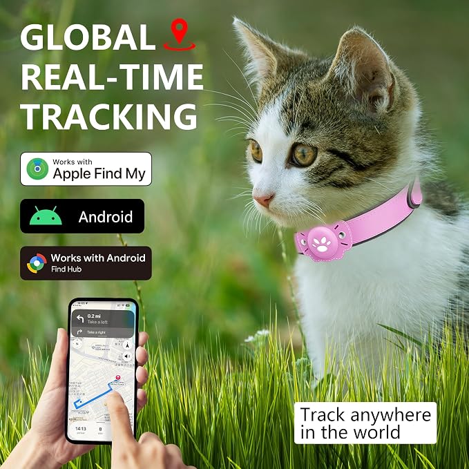2-in-1 GPS Tracker for Cats: Smart Pet Collar with Real-Time Tracking,No Monthly Fee/Subscription (iOS & Android) Waterproof, Anti-Lost,365-Day Long Battery Life GPS Tracker Cat Collar (Pink)