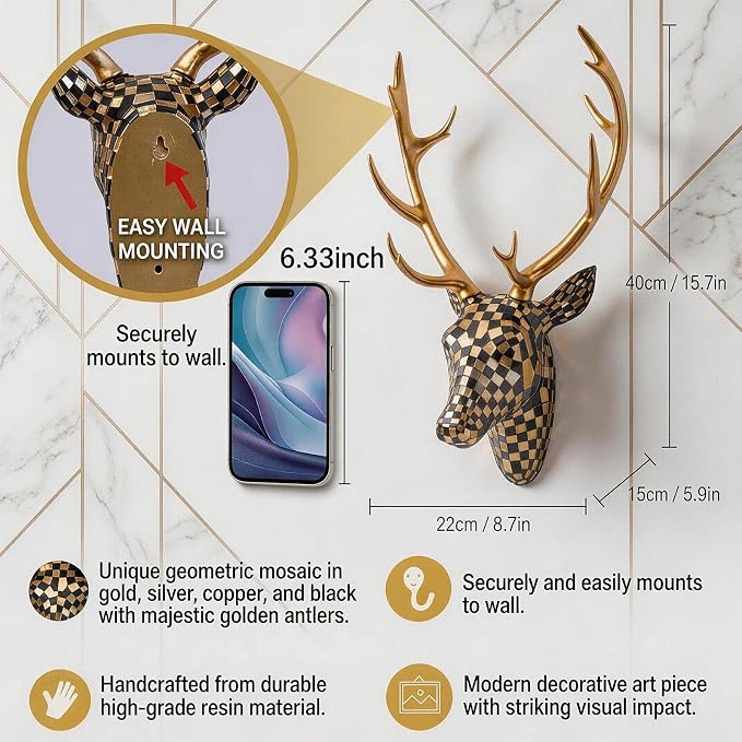 GIGICICI Mosaic Deer Head Wall Decor 15.7x8.7 Inch, Artistic Faux Resin Animal Head Wall Sculpture Hanging for Living Room Bedroom Kitchen Office, Black-Gold Gift