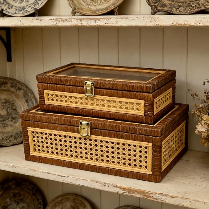 DECOR4SEASON Rattan and Cane Display Boxes with Glass Lid - Set of 2 Stackable Storage Organizers with Snag-Free Solid Wood Base - Rustic Farmhouse Decor for Jewelry, Remotes, and Keepsakes,Brown
